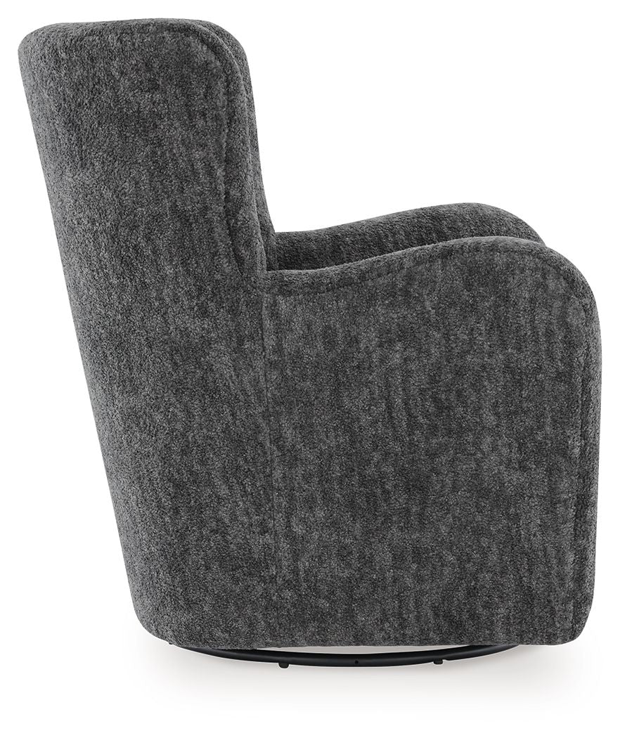 Dark gray swivel glider accent chair in side view with rounded arms and circular swivel base