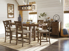 Counter-height dining table set with upholstered bar stools and cross-back chairs, dark gray