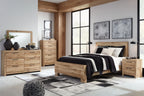 Light beige wood panel bedroom set with bed, dresser, mirror, and matching nightstands