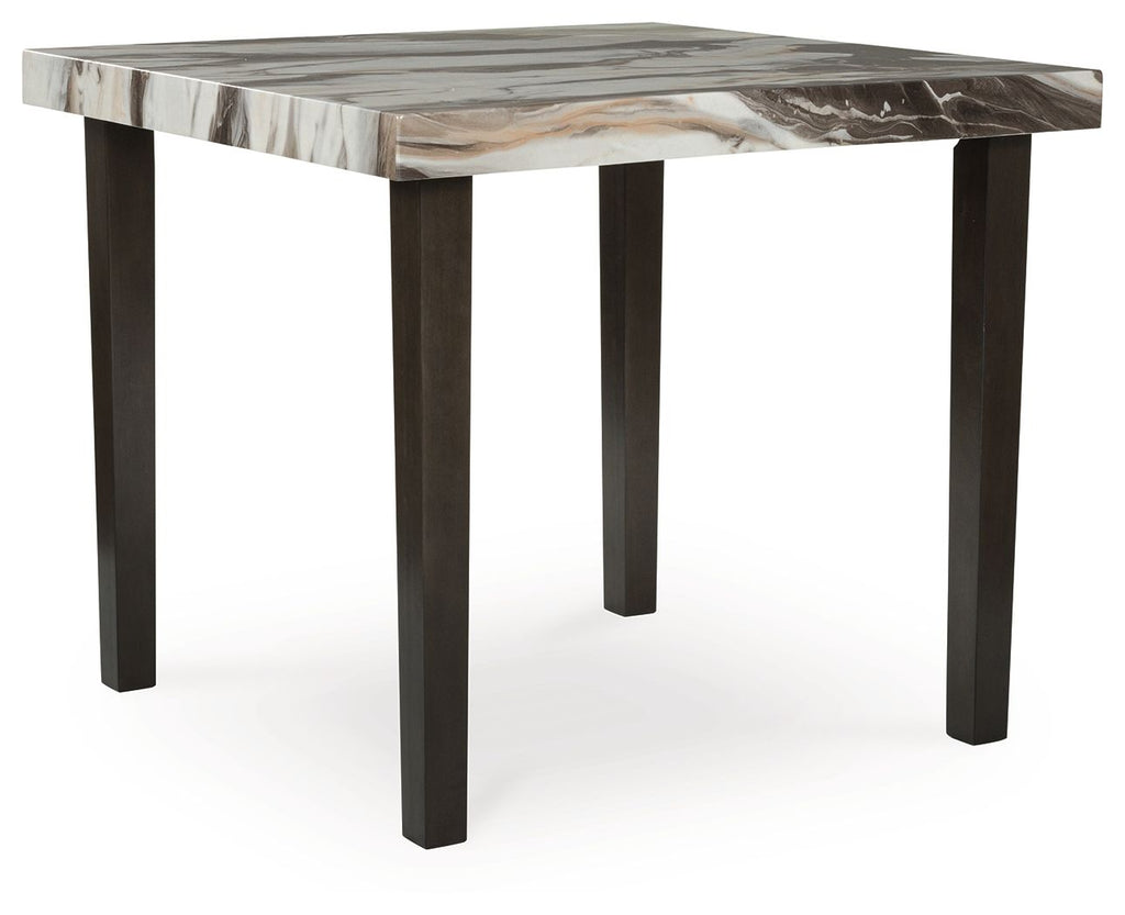 Square dining room counter table with dark brown legs and marble-look beige top