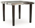 Square dining room counter table with dark brown legs and marble-look beige top