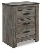 Gray two-drawer night stand front view with metal corner brackets on top