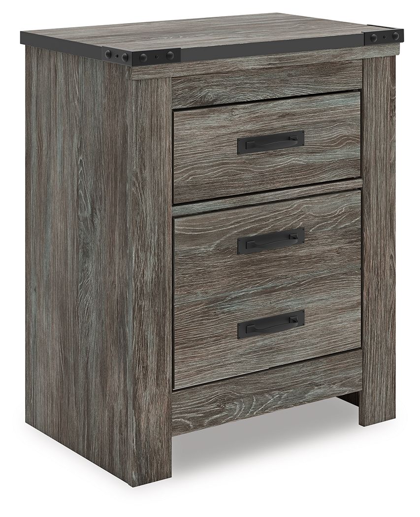 Gray two-drawer night stand front view with metal corner brackets on top