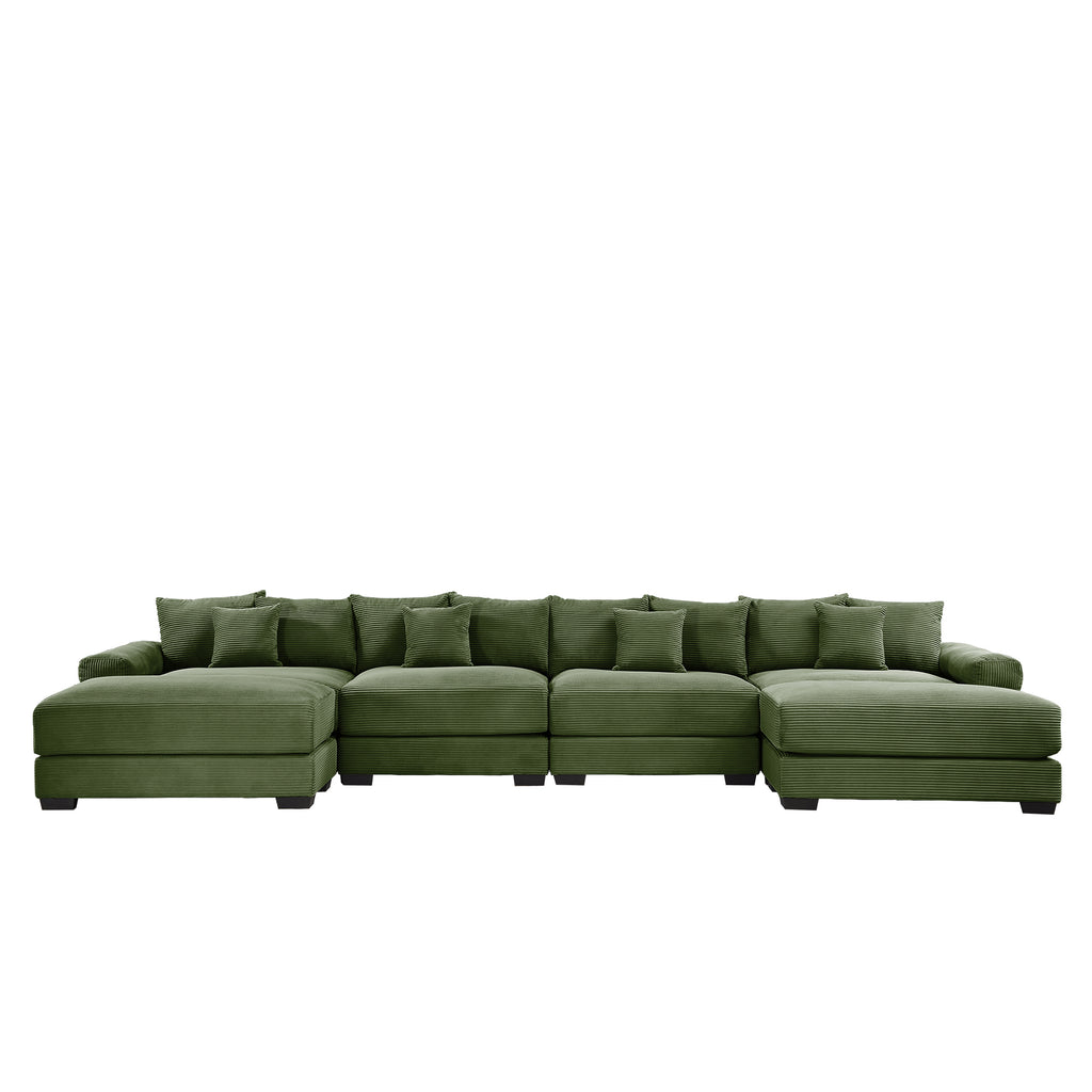 Green corduroy sectional sofa with extended ottoman seating and back cushions