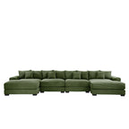 Green corduroy sectional sofa with extended ottoman seating and back cushions