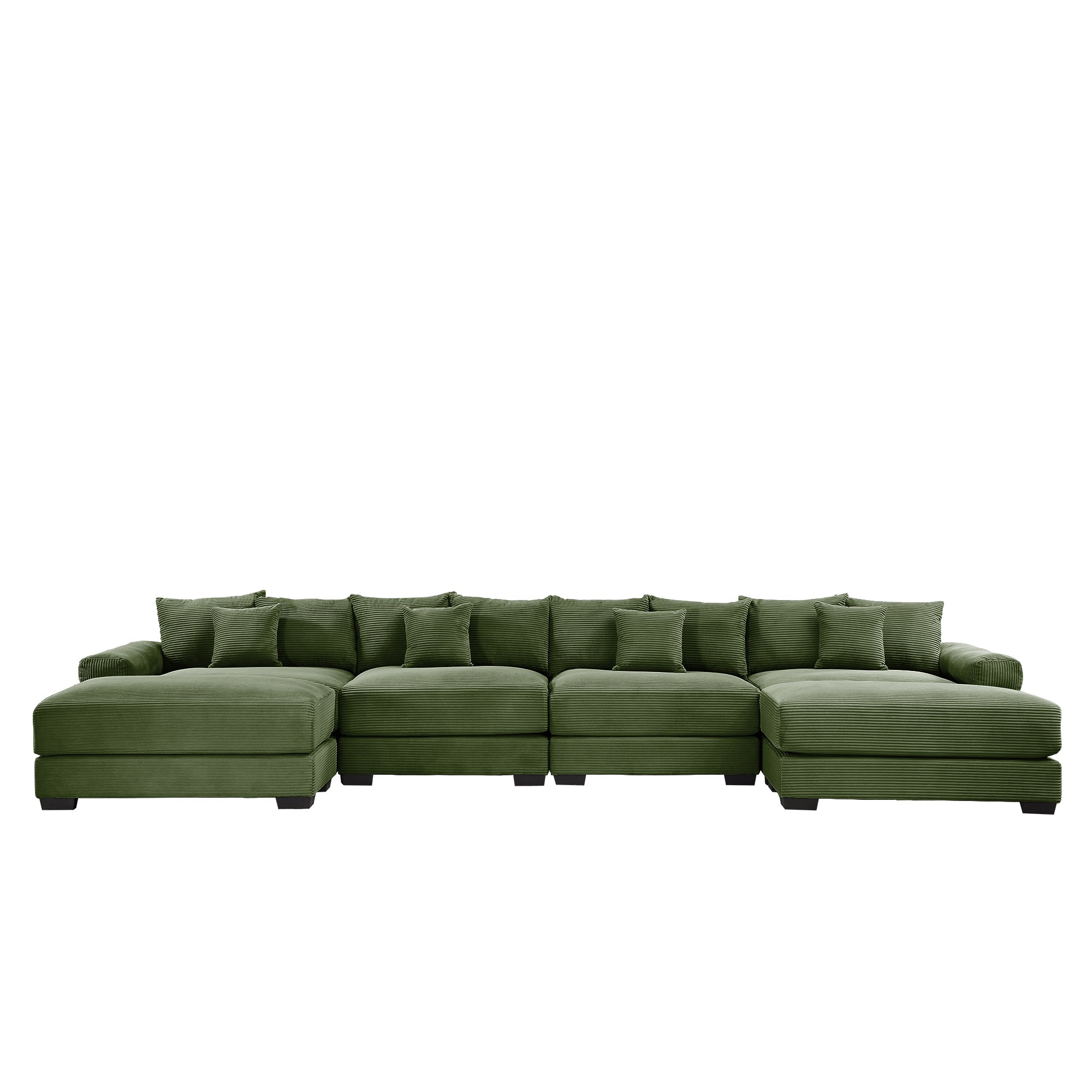 Green corduroy sectional sofa with extended ottoman seating and back cushions