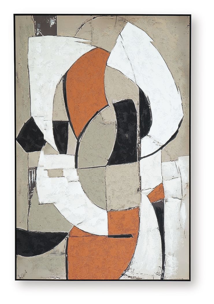 Abstract wall art with overlapping ovals and arcs in white, black, beige, and orange