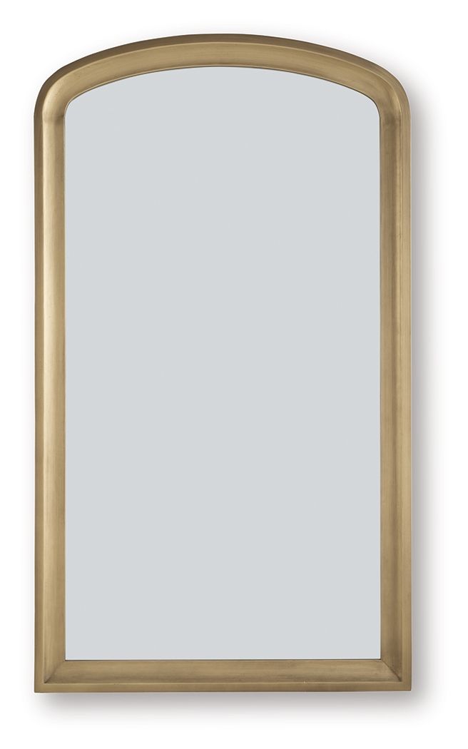 Arched floor mirror with slim gold finish frame and clear reflective glass