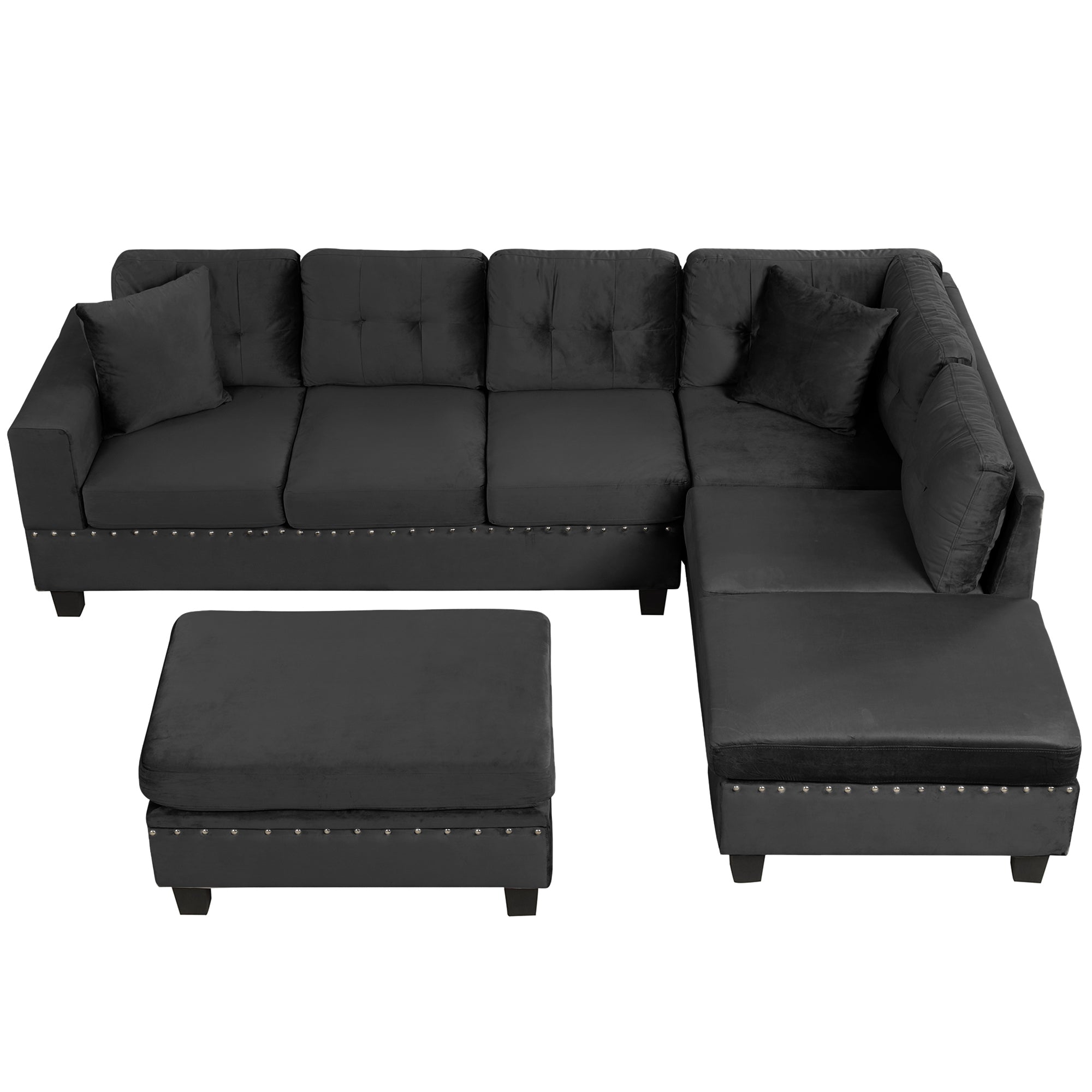 Modern Black Velvet L-Shape Sectional Sofa Storage Ottoman