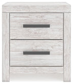 Whitewash night stand showing two drawers with dark bar pulls