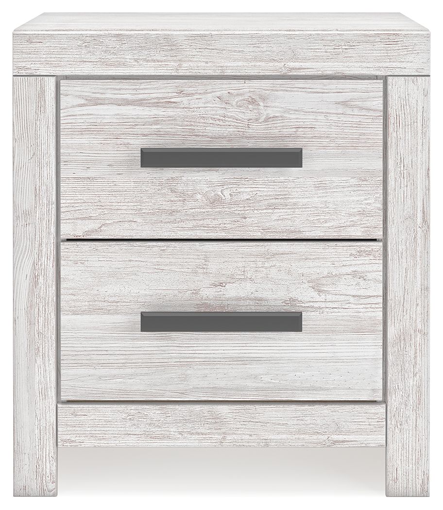 Whitewash night stand showing two drawers with dark bar pulls