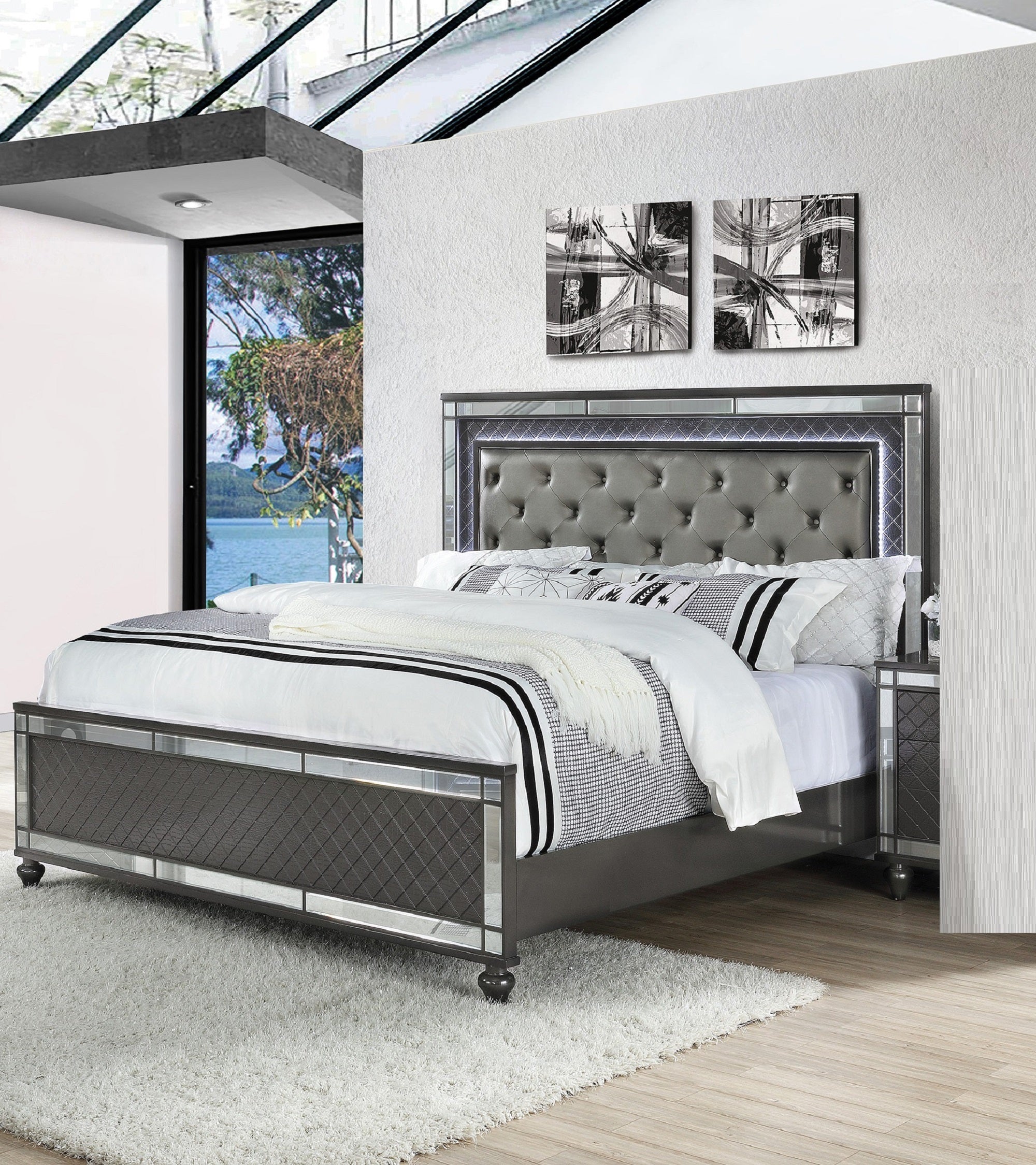 Modern Glam King LED Upholstered Tufted Gray Faux Leather Bed Headboard