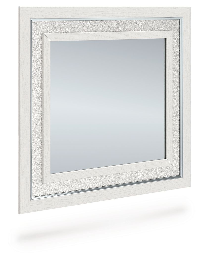 Bedroom mirror with light wood frame and square reflective glass panel.