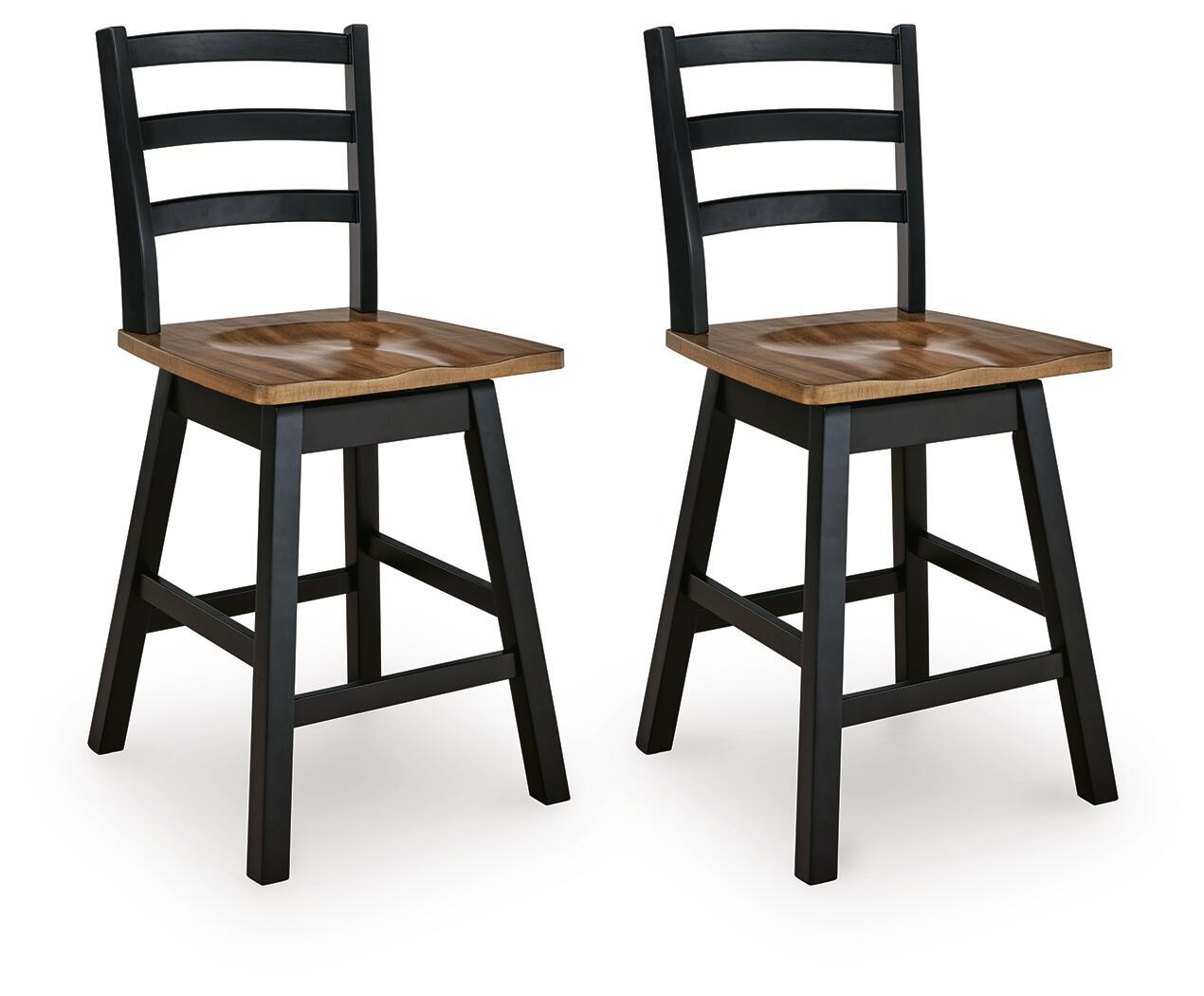 Pair of black swivel stools with round wooden seats and slatted backs