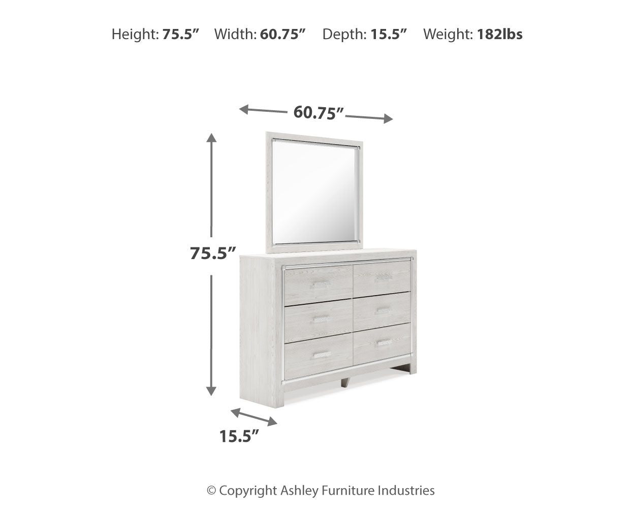 White dresser and mirror with size 60.75 in W, 75.5 in H
