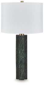 Green marble table lamp with white fabric shade and brass accents
