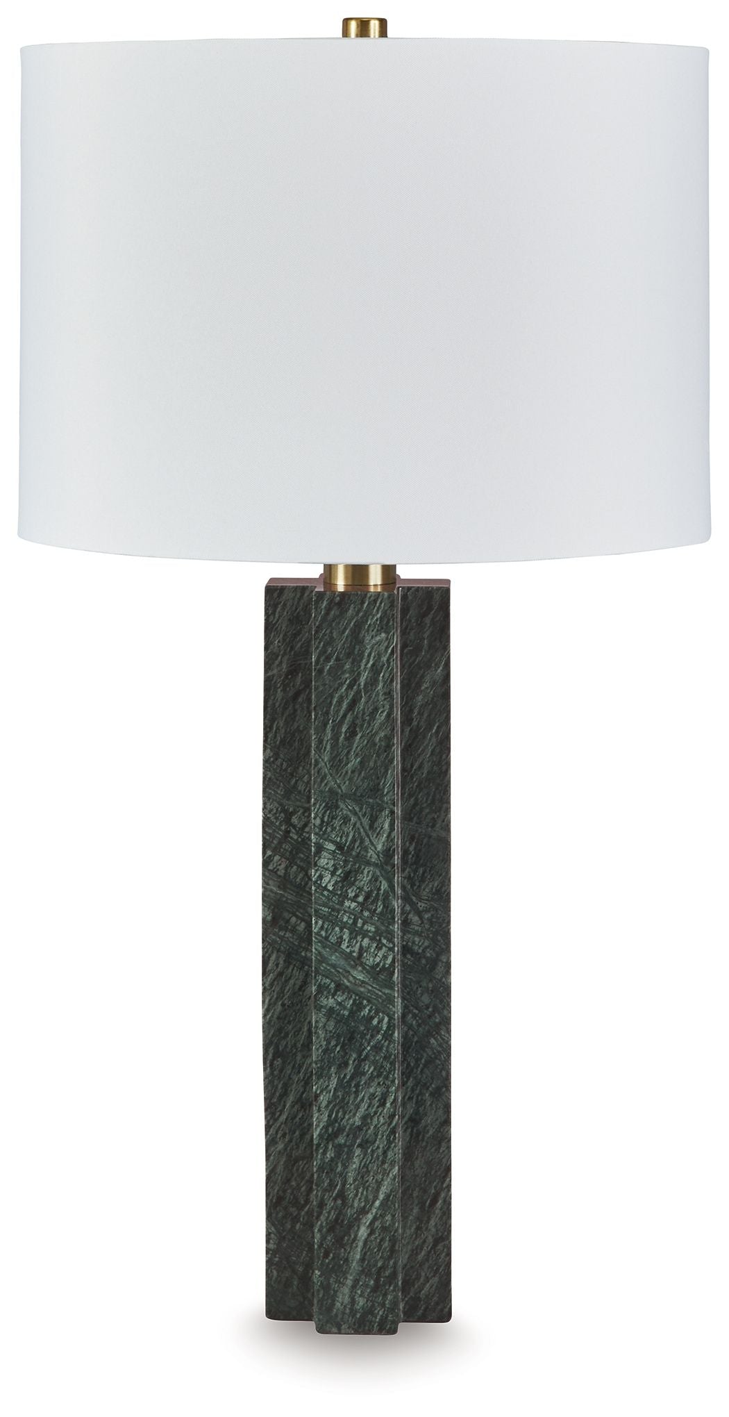 Green marble table lamp with white fabric shade and brass accents
