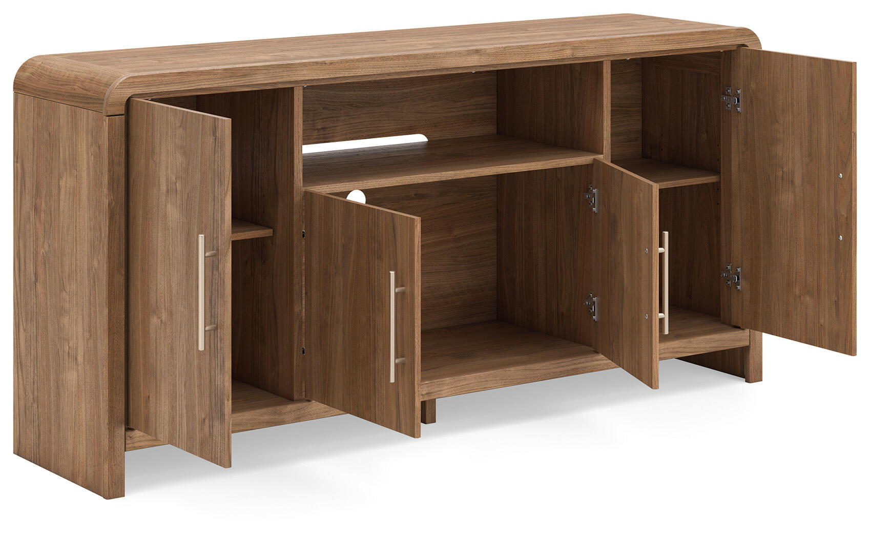 Brown wood TV stand with open shelves and two side cabinet compartments