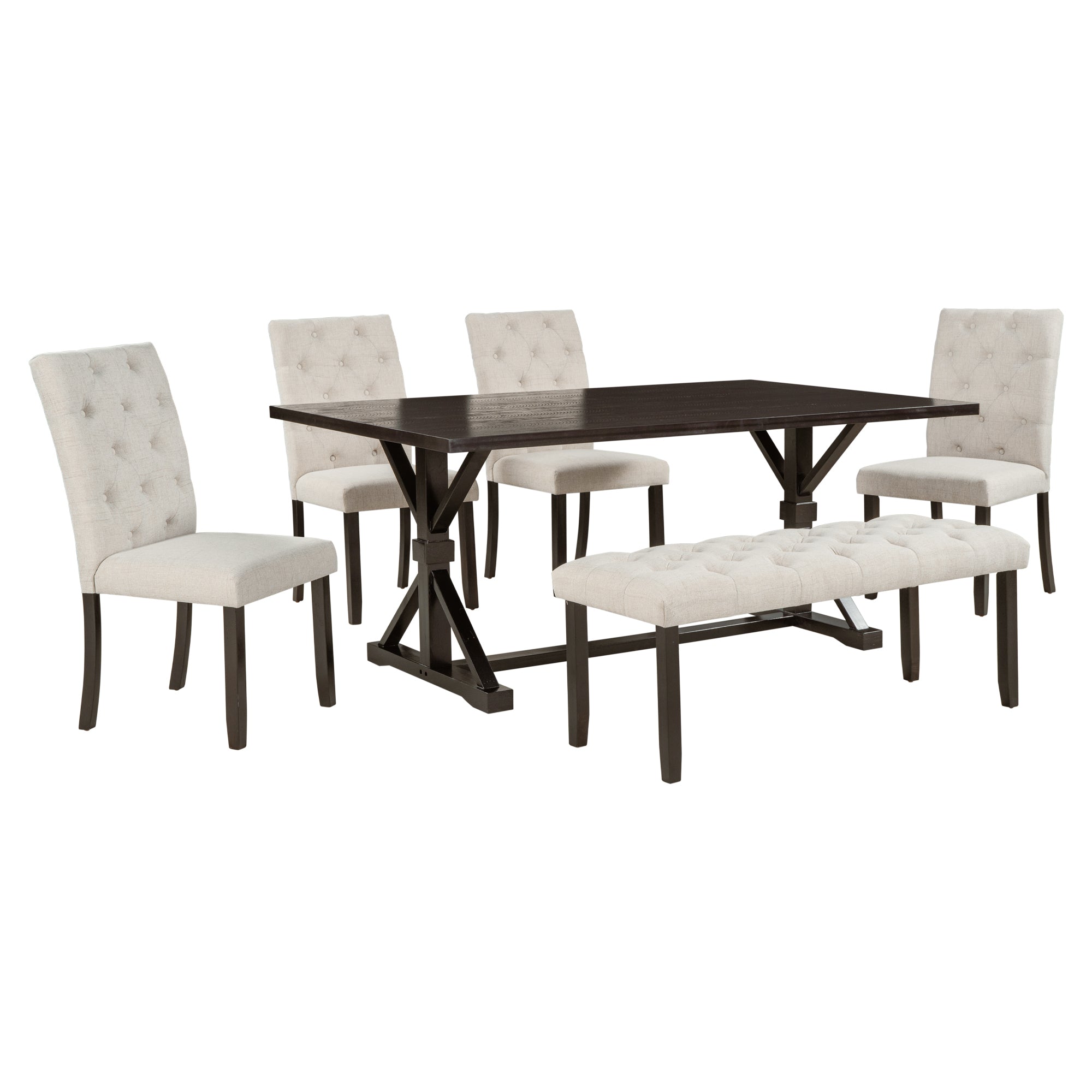 6-Piece Farmhouse Dining Set, 72" Table & Bench