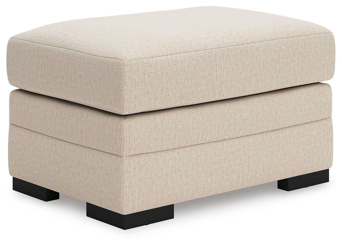 Light beige jute-look rectangular ottoman with tufted top and black block legs
