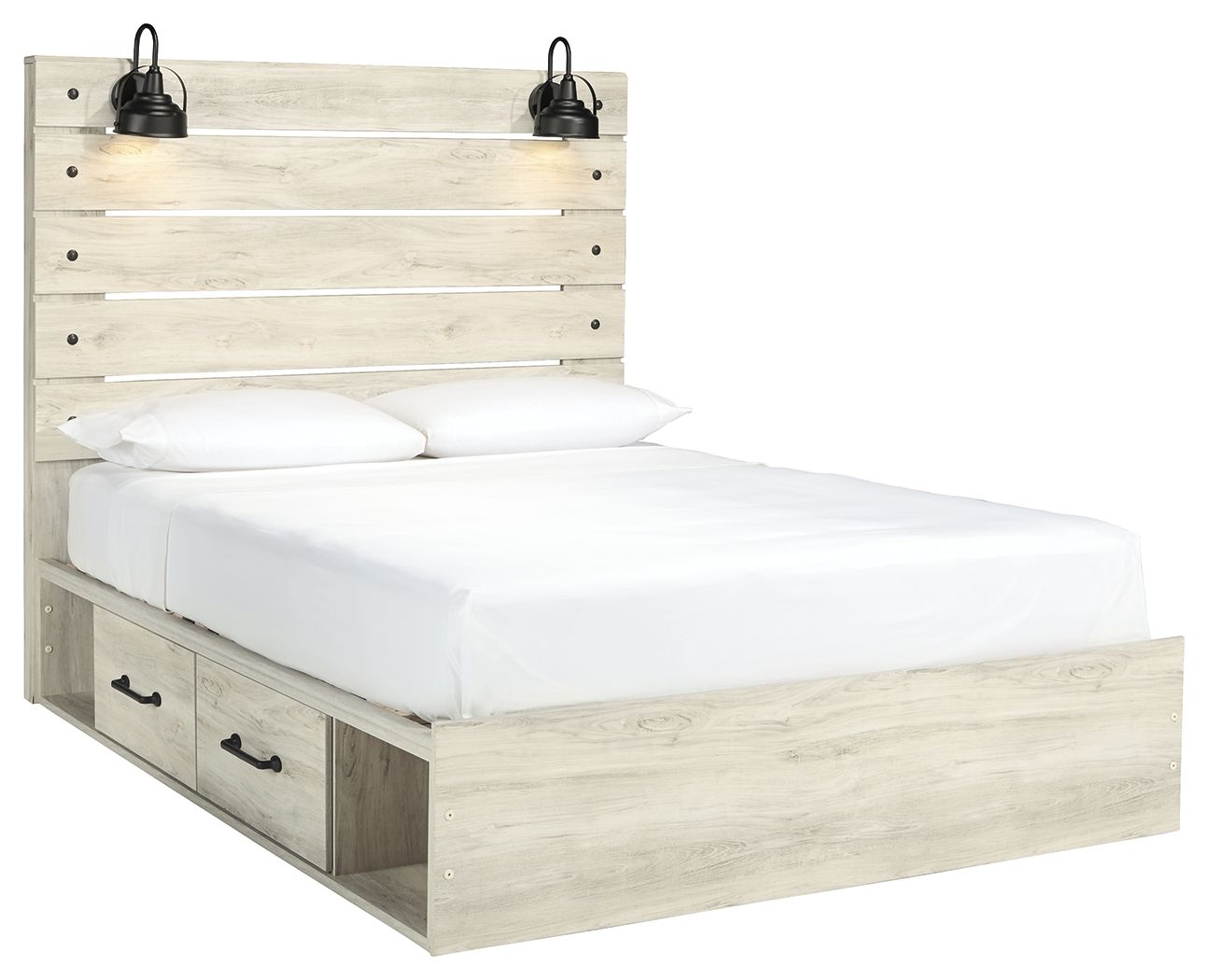 Panel bed with beige light-wood frame and side drawers, white mattress and pillows.