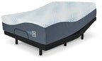 White plush mattress with dark gray sides and corner logo, shown from side angle.