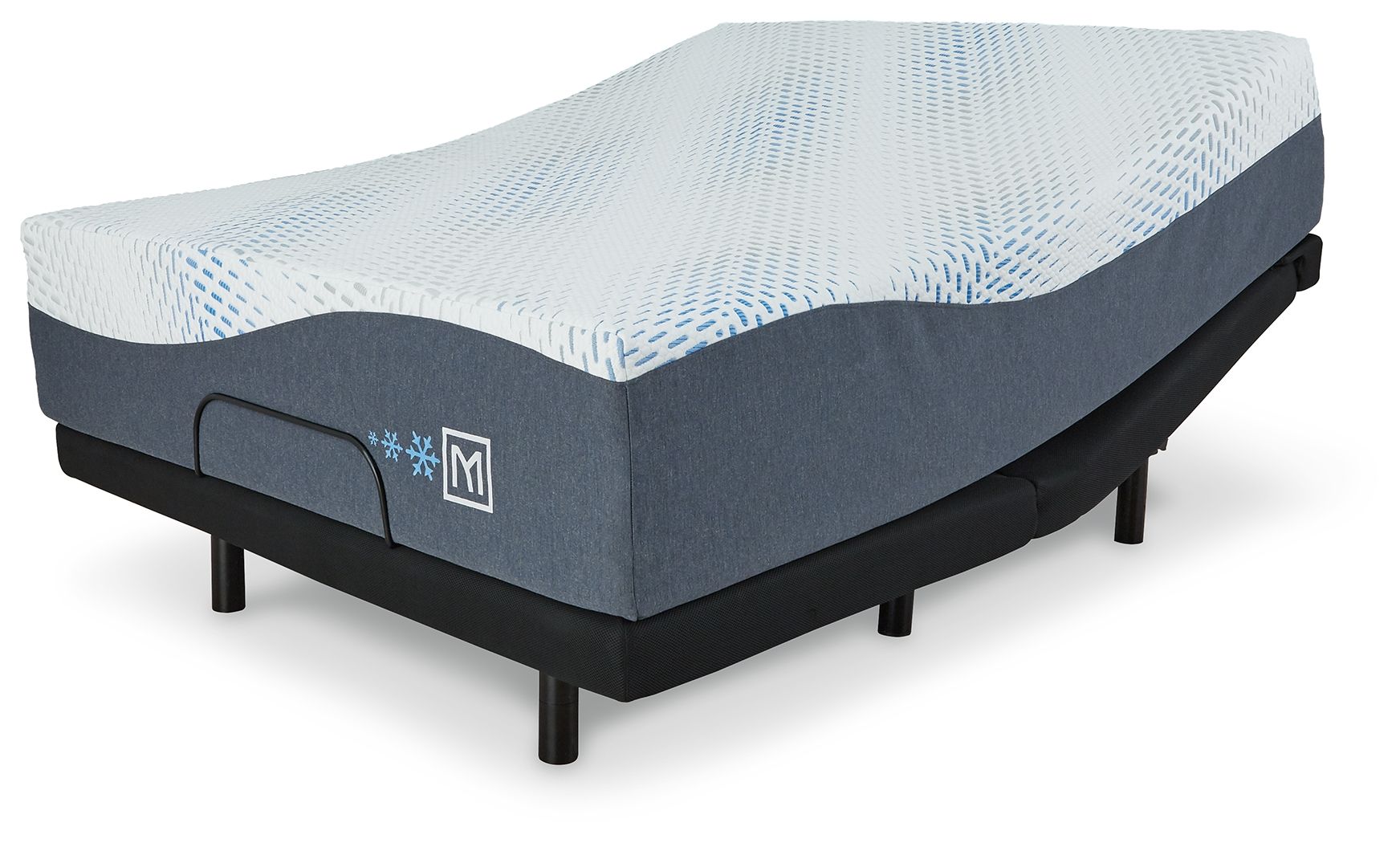 White plush mattress with dark gray sides and corner logo, shown from side angle.