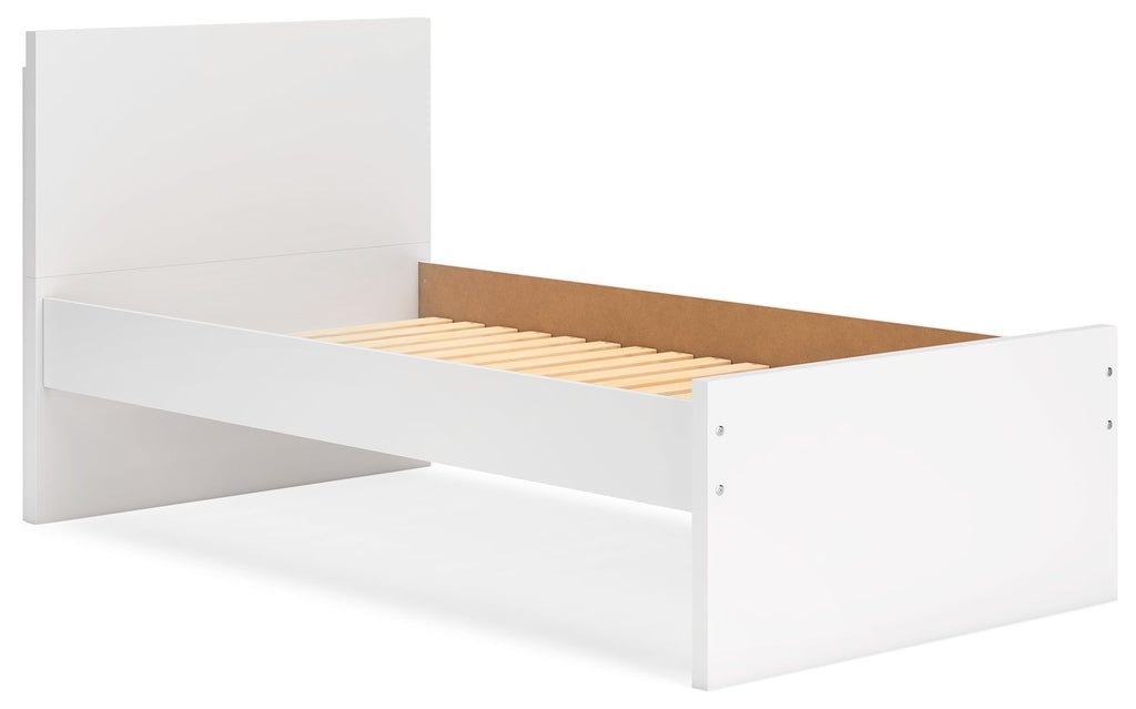 White panel platform bed with slatted base and open headboard panels