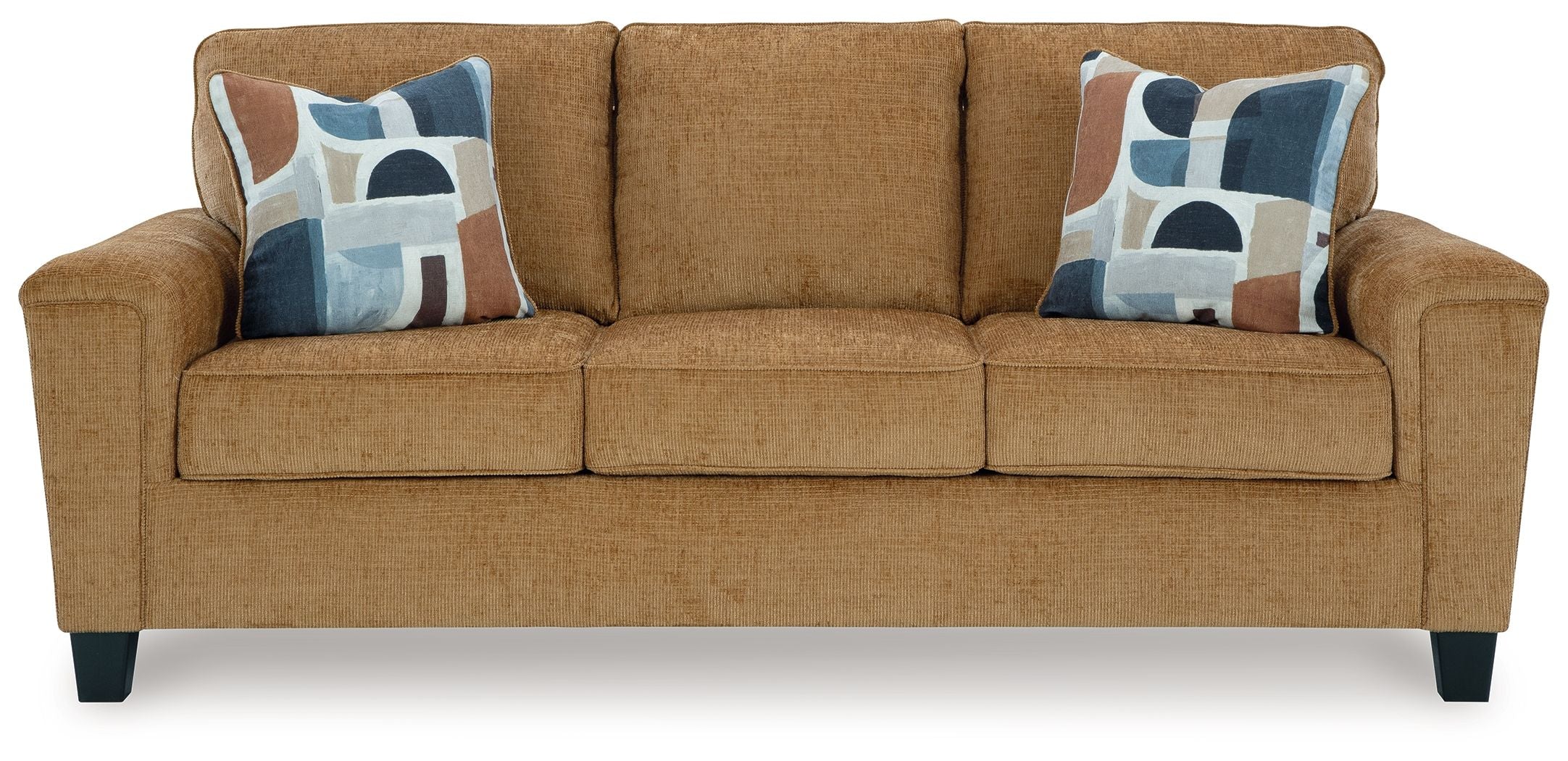 Beige sofa with three seat cushions and two patterned throw pillows