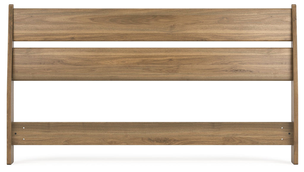 Queen panel headboard in honey-toned wood with wide center horizontal panel