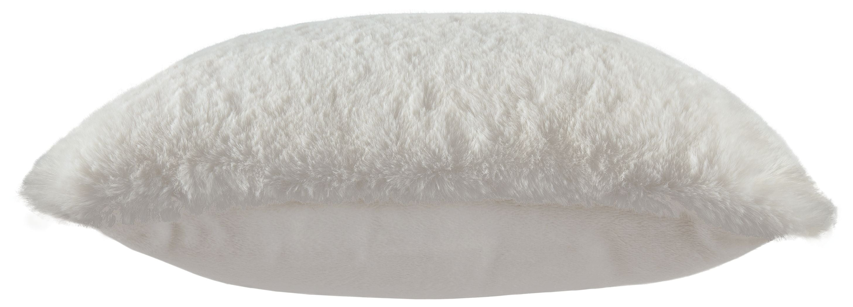 White faux fur pillow with smooth light backing visible at the edge.
