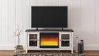 White TV stand with faux fireplace insert under TV, glass cabinet doors
