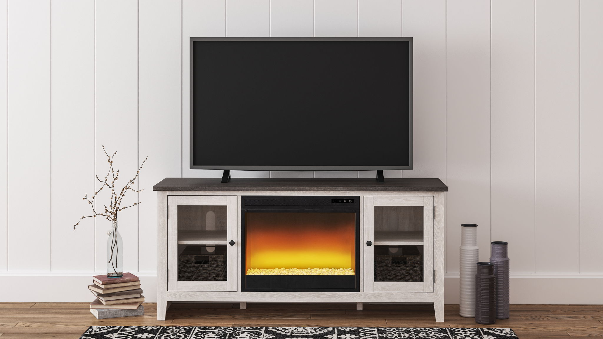 White TV stand with faux fireplace insert under TV, glass cabinet doors