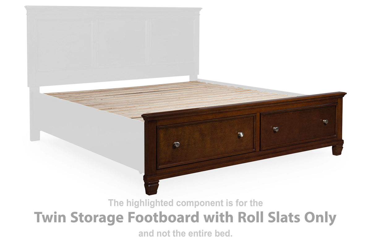 Twin brown wooden storage footboard with roll slats and two drawers