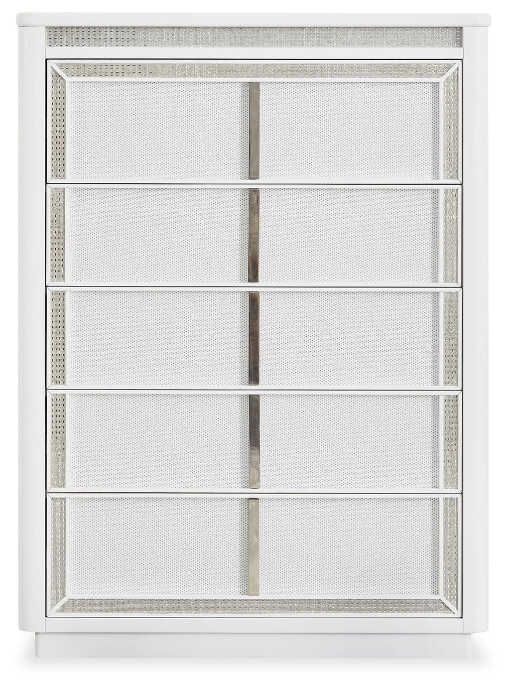 White five-drawer chest with lattice border and vertical divider on each drawer