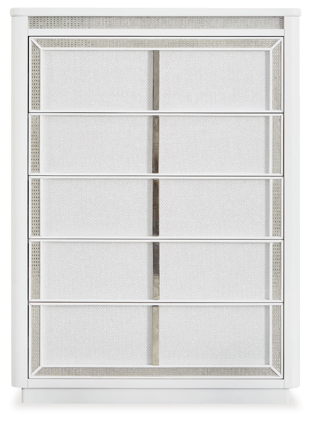 White five-drawer chest with lattice border and vertical divider on each drawer