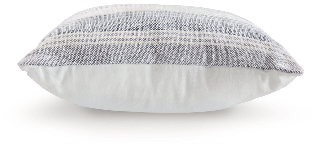 Striped throw pillow with gray and white front face, rounded side view