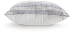Striped throw pillow with gray and white front face, rounded side view