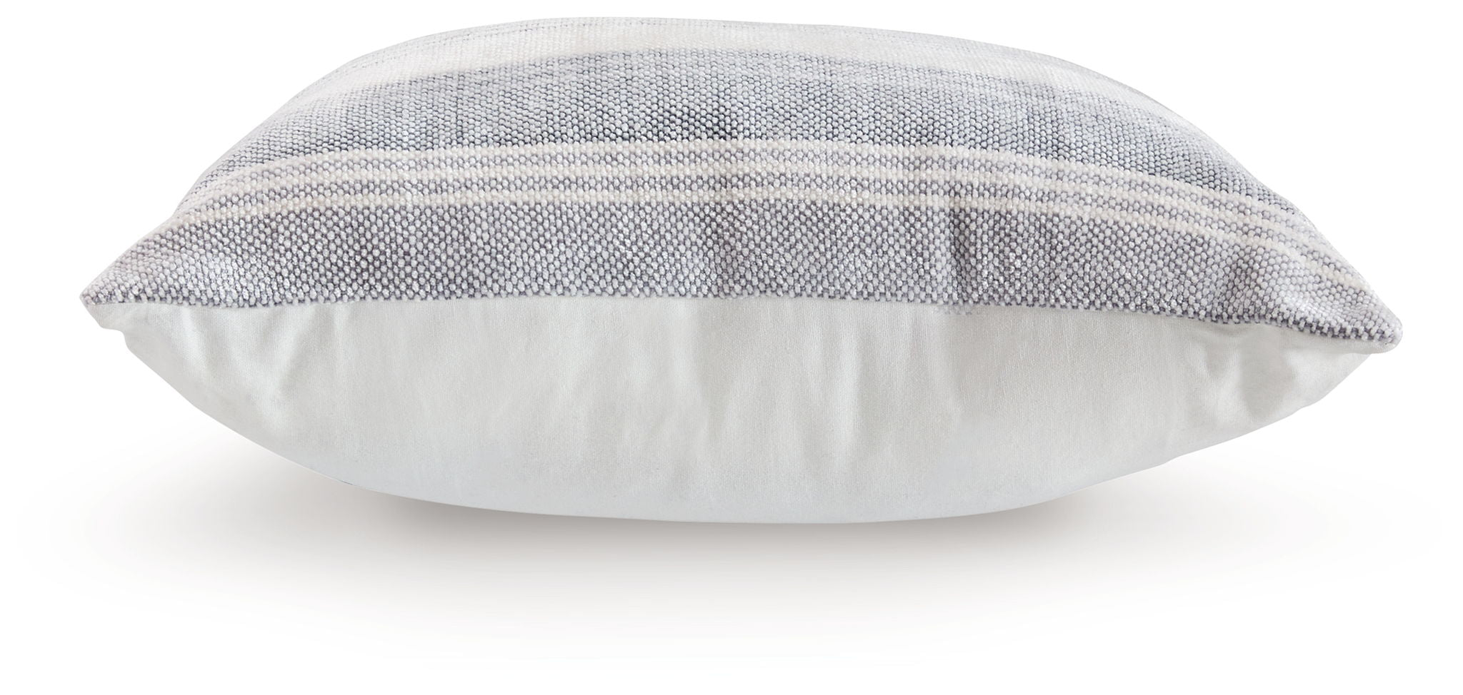 Striped throw pillow with gray and white front face, rounded side view