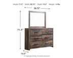Wood dresser with mirror, front view with height and width measurement labels