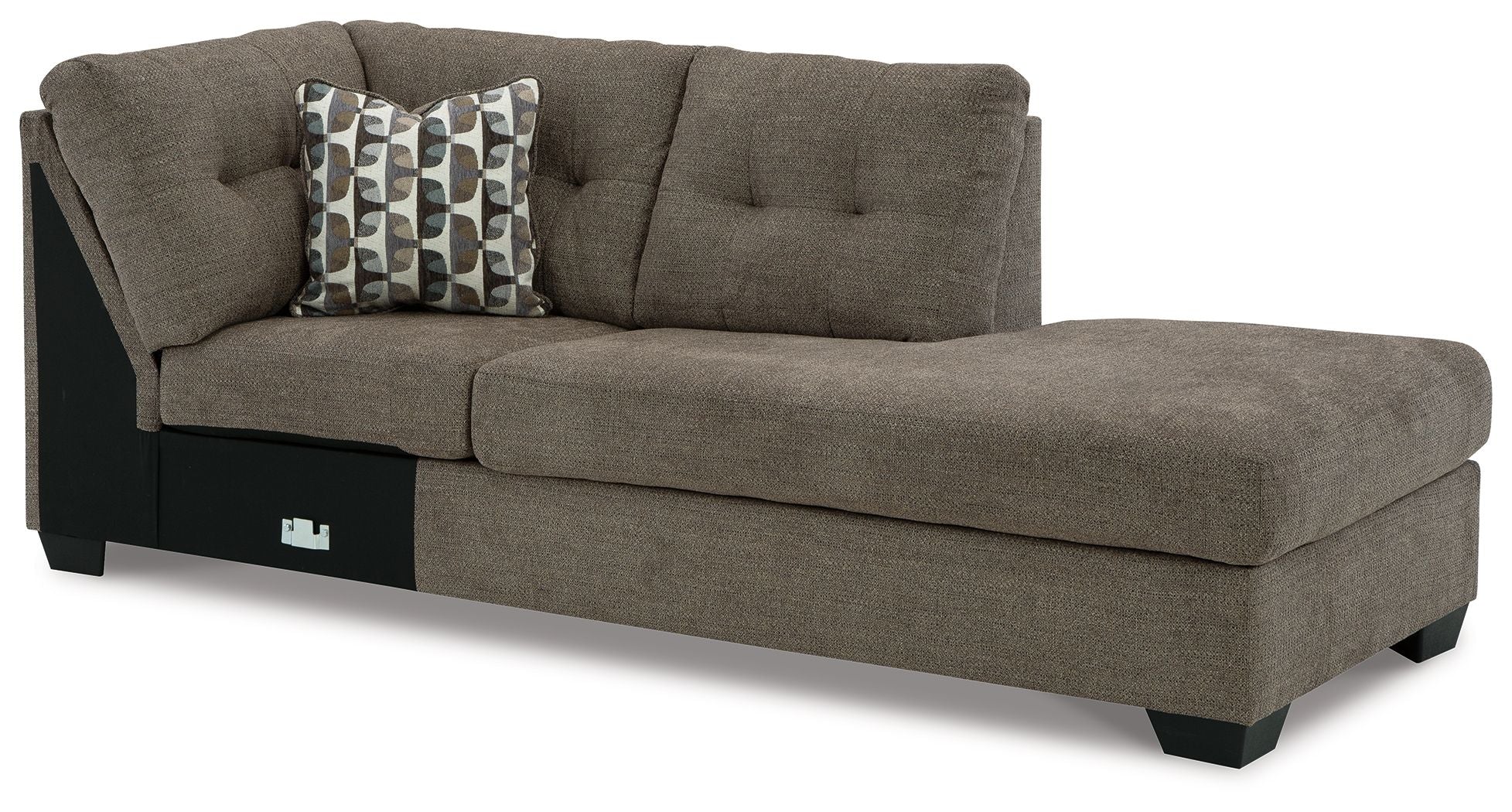 Chocolate-brown corner chaise with tufted back, seat cushion, and patterned throw pillow