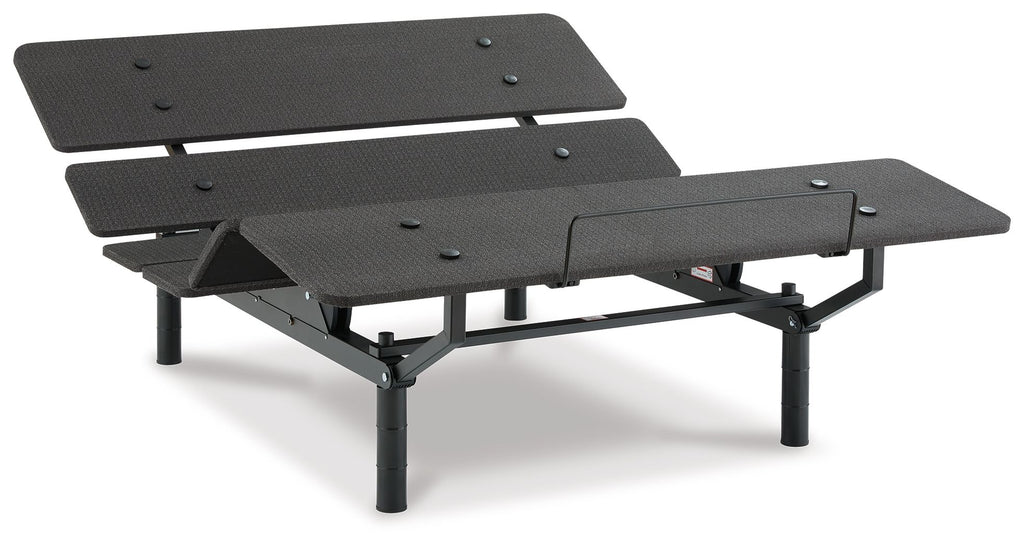 Adjustable bed base with black slat panels, angled view, side lift lever