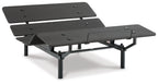 Adjustable bed base with black slat panels, angled view, side lift lever
