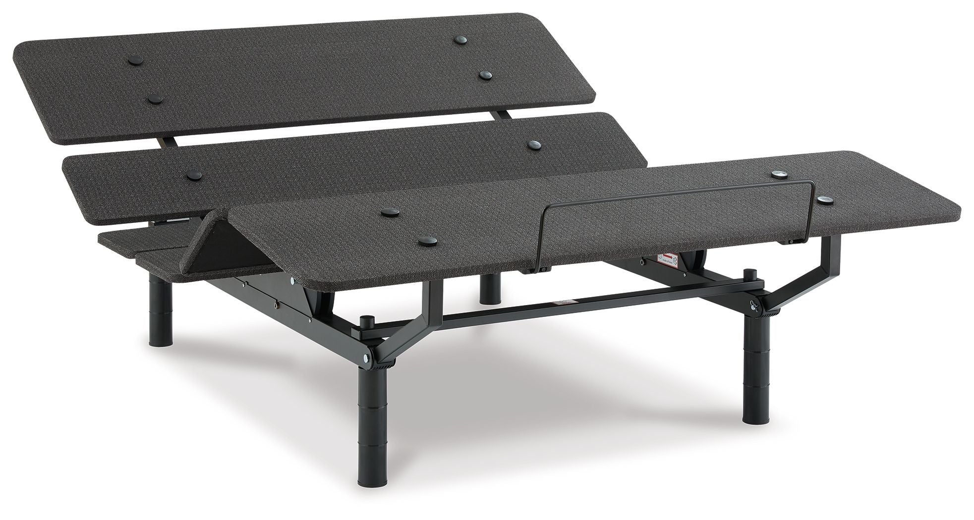 Adjustable bed base with black slat panels, angled view, side lift lever