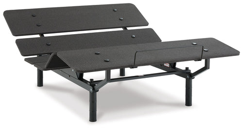 Adjustable bed base with black slat panels, angled view, side lift lever