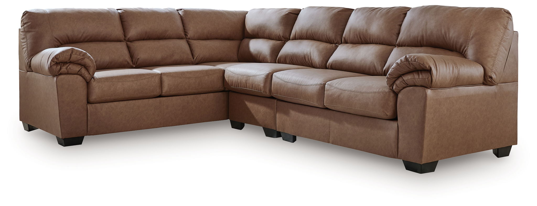 Sectional sofa with chaise end, tufted back cushions, light brown upholstery