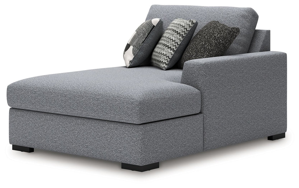 Salt and pepper gray RAF corner chaise with squared seat, armrest, and three throw pillows