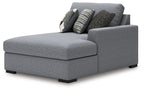 Salt and pepper gray RAF corner chaise with squared seat, armrest, and three throw pillows