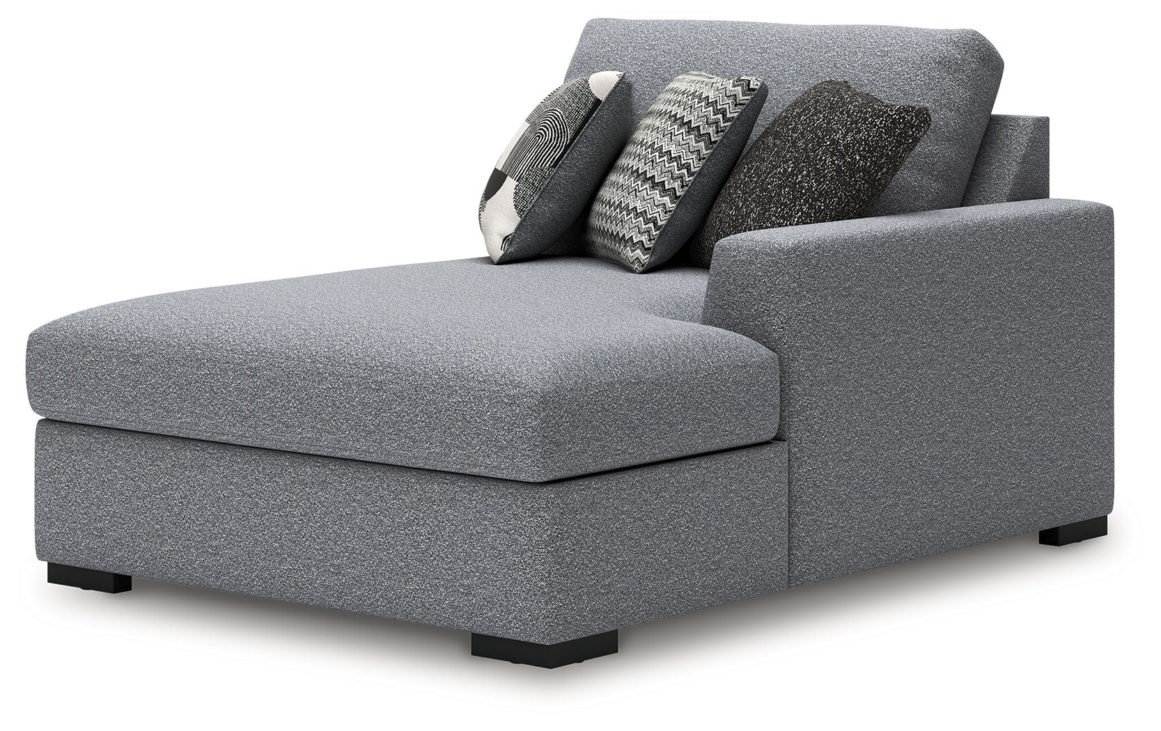 Salt and pepper gray RAF corner chaise with squared seat, armrest, and three throw pillows