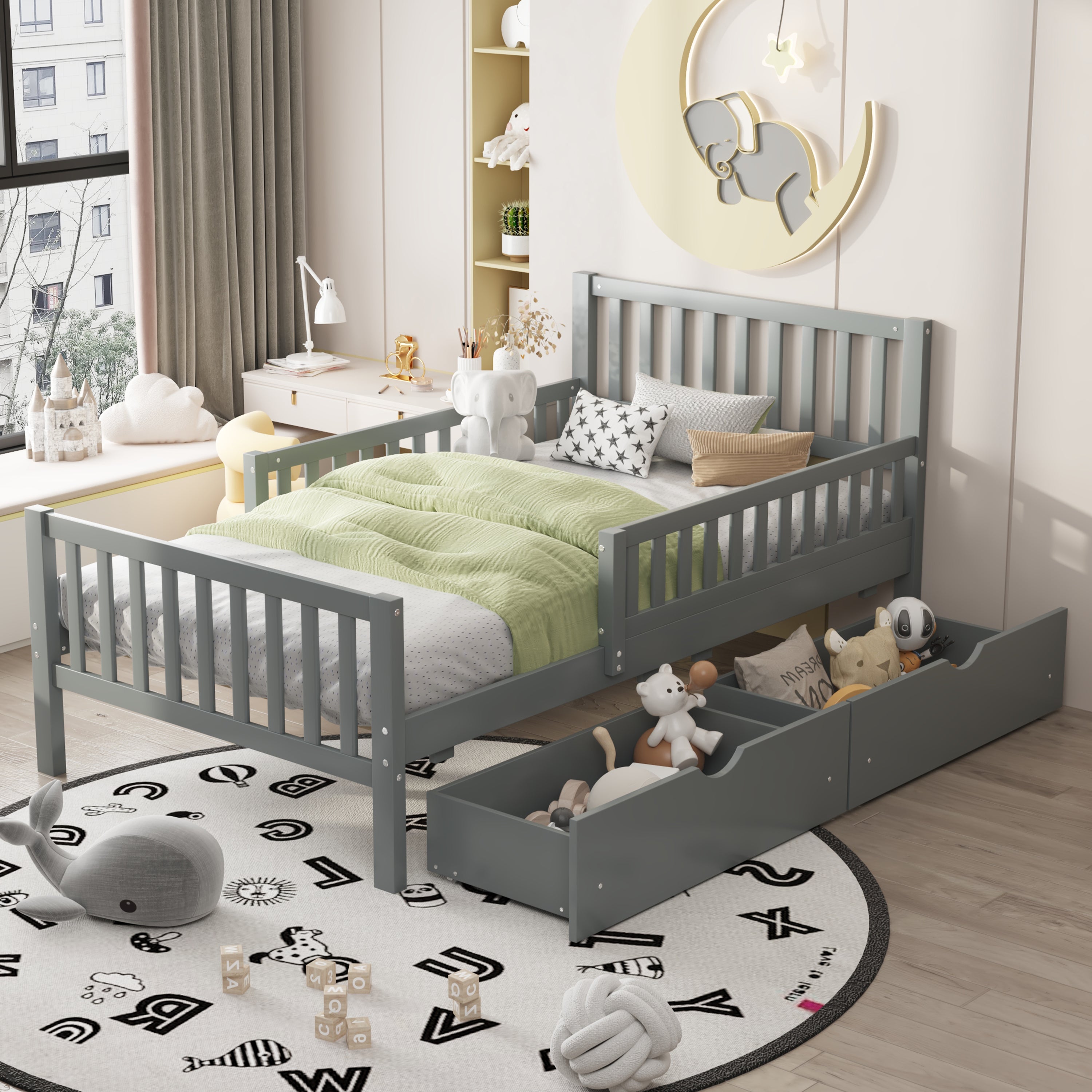 Gray Twin Wood Platform Bed w/Guardrails & Drawers